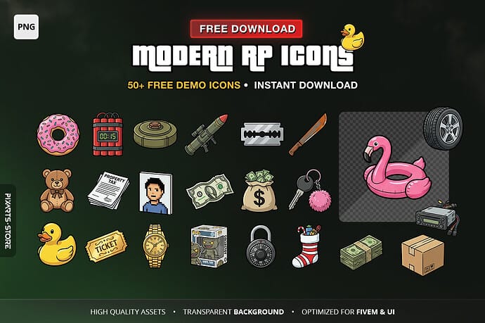 Modern RP Icons Starter Pack (50+ Assets) | Inventory Images | Includes ESX/QB/Ox Configs